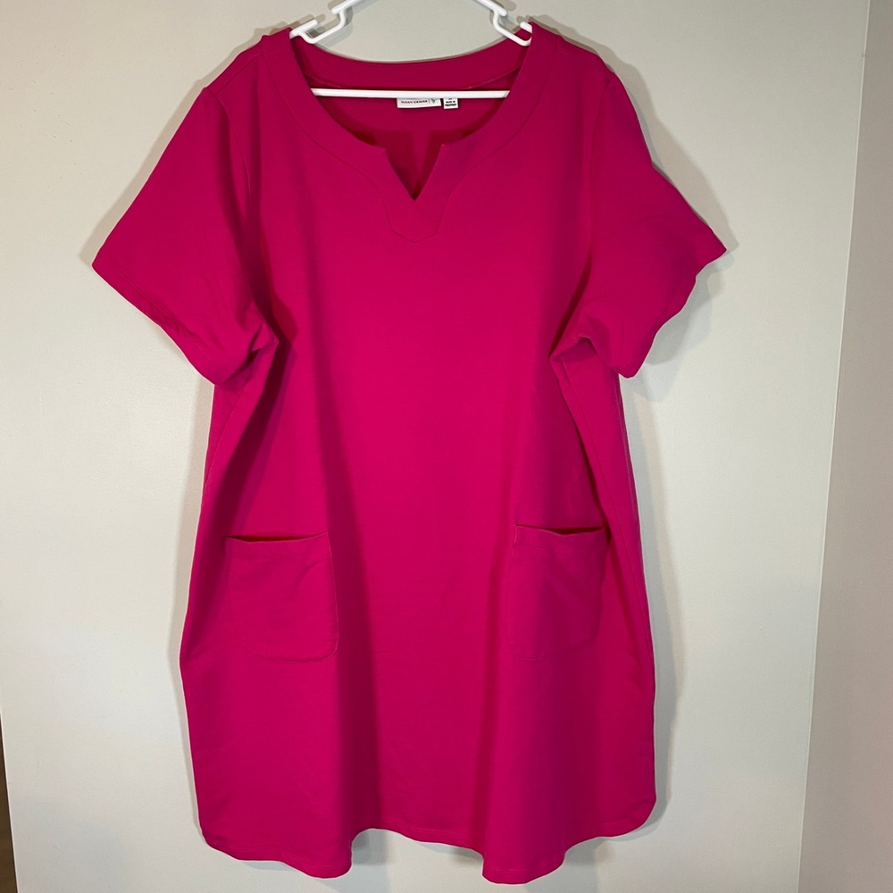 Susan Graver Weekend French Terry Short Sleeve Split Neck Dress with Pockets 3X